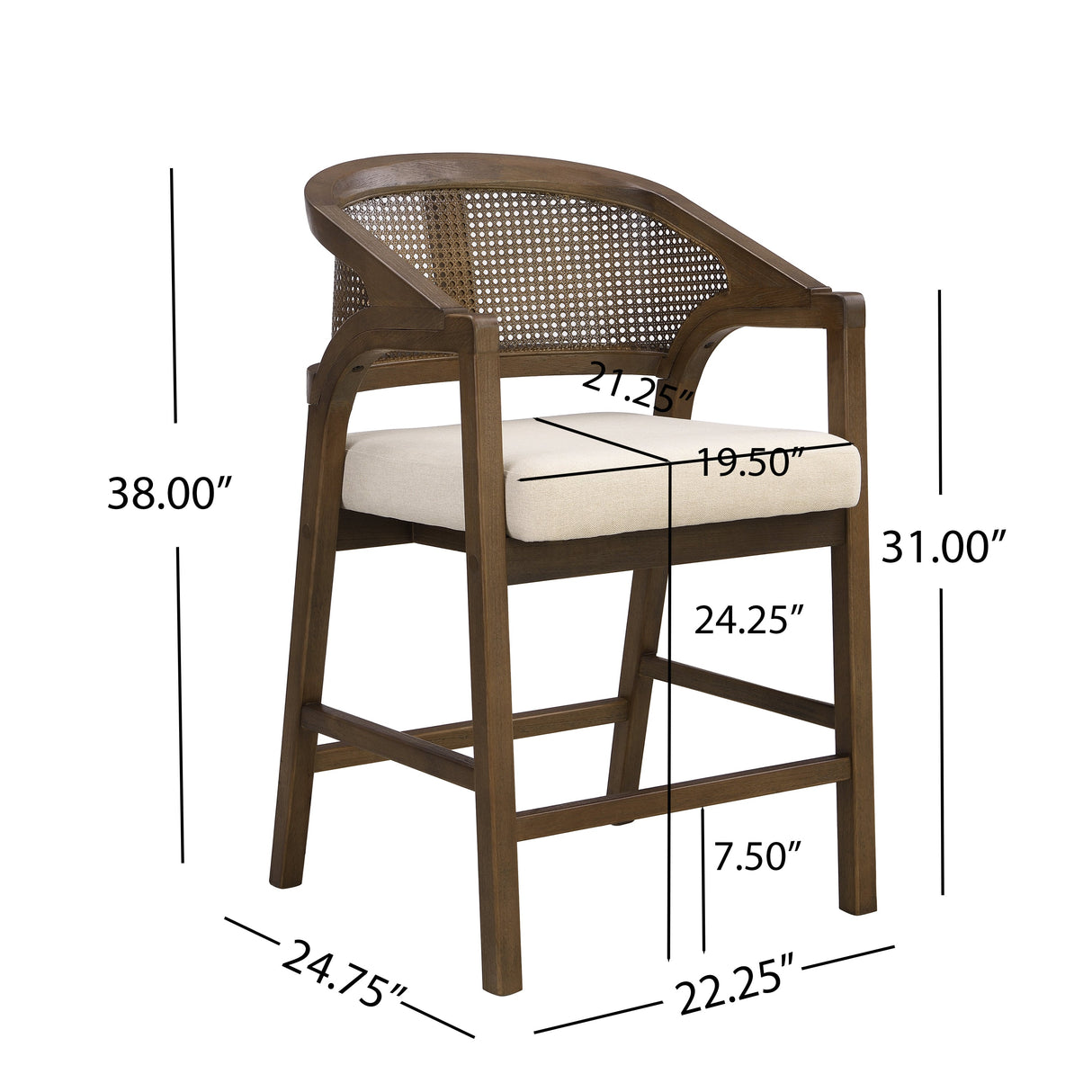 Wooden Frame Counter Stool with Rattan Back, Set of 2