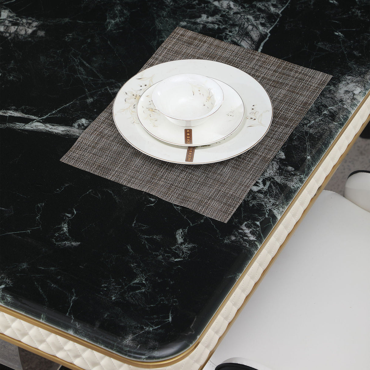 Luxury Modern Dining Table With 6 Chairs Marble Top Titanium Plated Base - Black