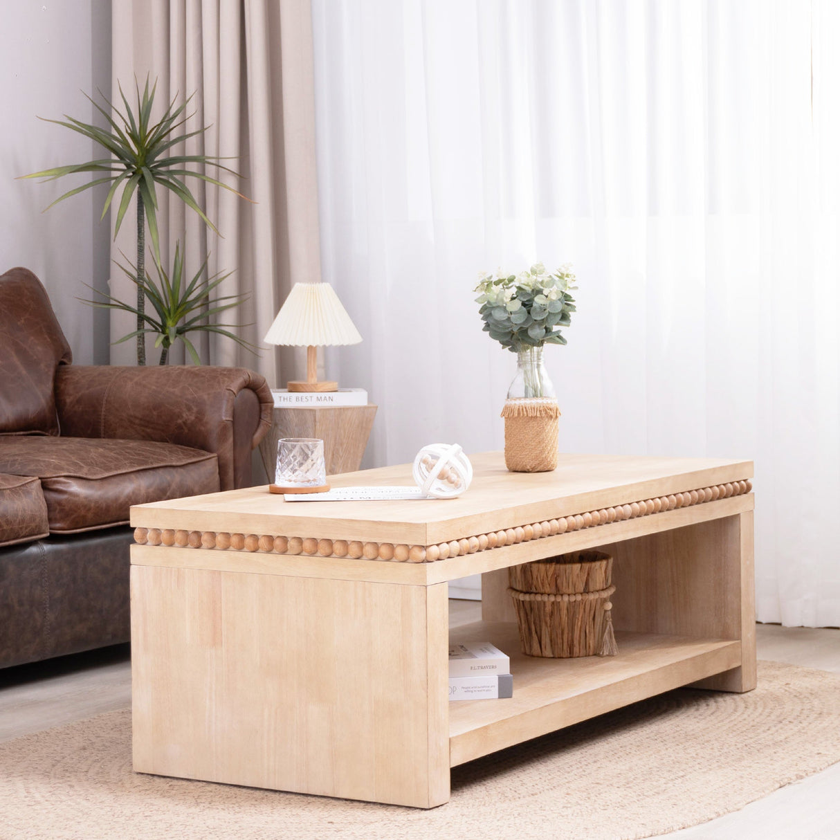 Modern Wood Coffee Table with Beaded Trim – 47 Rectangular Coffee Table with Open Storage Shelf, Light Natural Finish – Farmhouse & Coastal Living Room Furniture