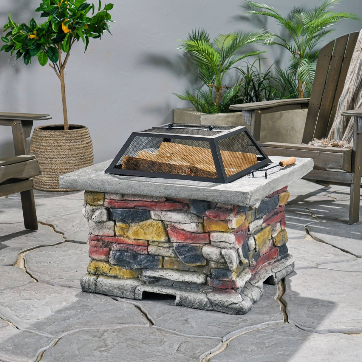 28" Concrete Wood Burning Outdoor Fire Pit Table with Lid - Stone Gray - Tuesday Morning - Fire Pits