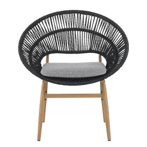 Cyril Outdoor Wicker Papasan Style Dining Chair with Teak Finished Leg and Dark Gray Faux Rattan - Set of 2