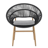 Cyril Outdoor Wicker Papasan Style Dining Chair with Teak Finished Leg and Dark Gray Faux Rattan - Set of 2
