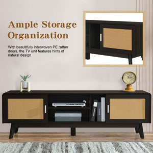 63'' Dark Rattan TV Stand with 2 Storage Cabinets and Solid Wood Legs