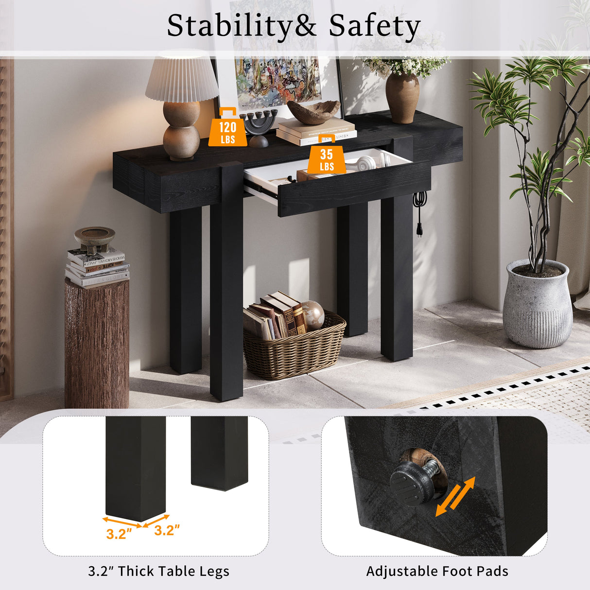 TREXM Rustic Minimalist Console Table with Hidden Drawer, Side Power Outlet