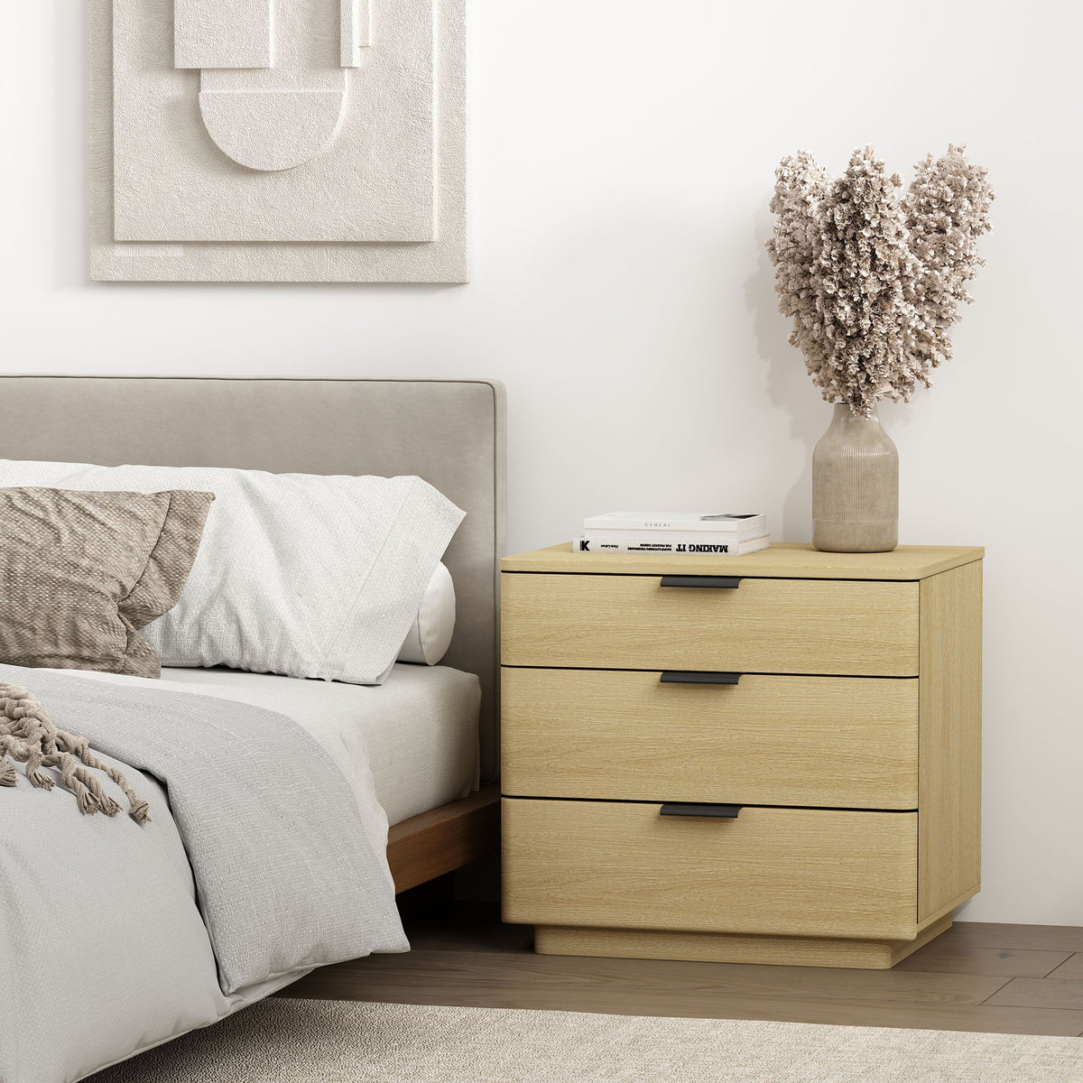 Oak Nightstand with 3 Drawers and Metal Handles - Payton