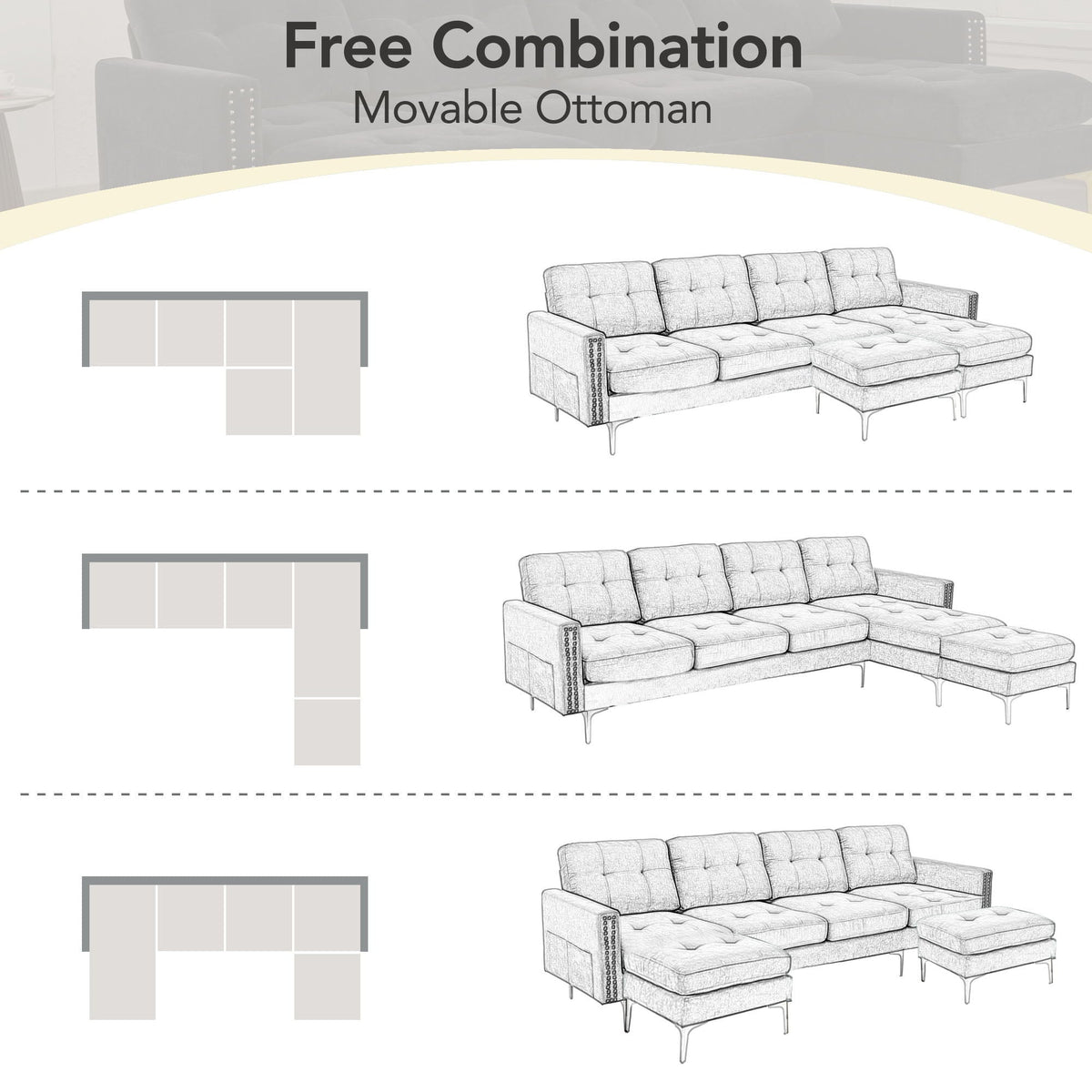 Modern L - Shape Convertible Sectional Sofa With Movable Ottoman