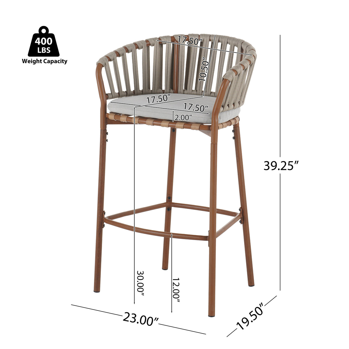 Lodi Outdoor Metal Rope Barstool, Teak Finished Frame and Beige Cushion, Set of 4