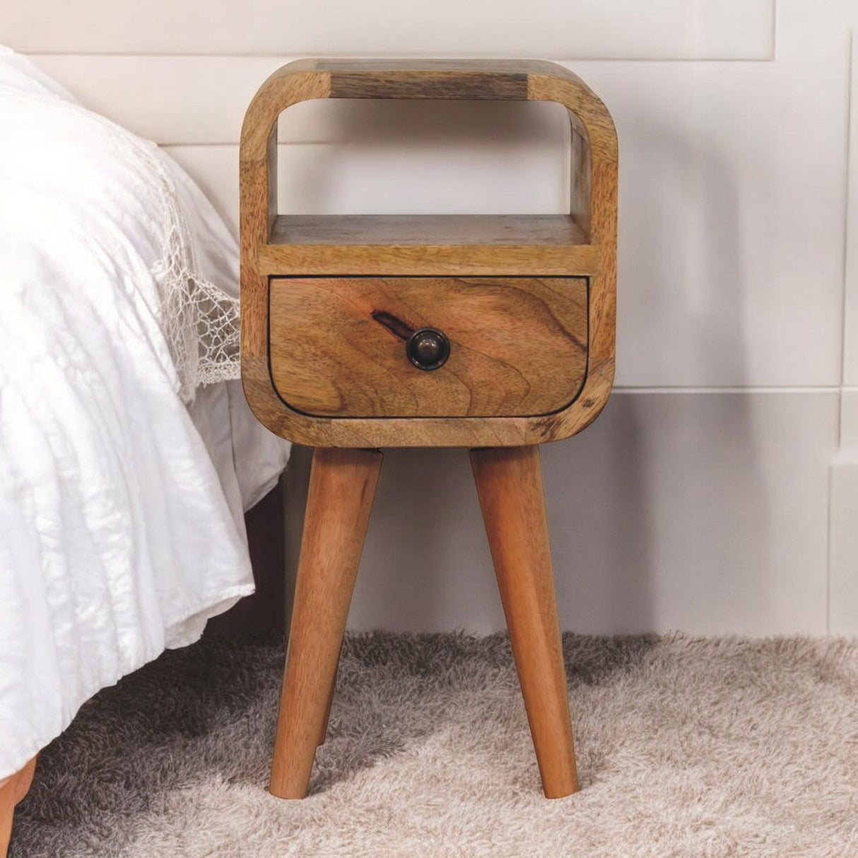 Solid Wood Extra Mini Oak-ish Curve Open Slot Nightstand