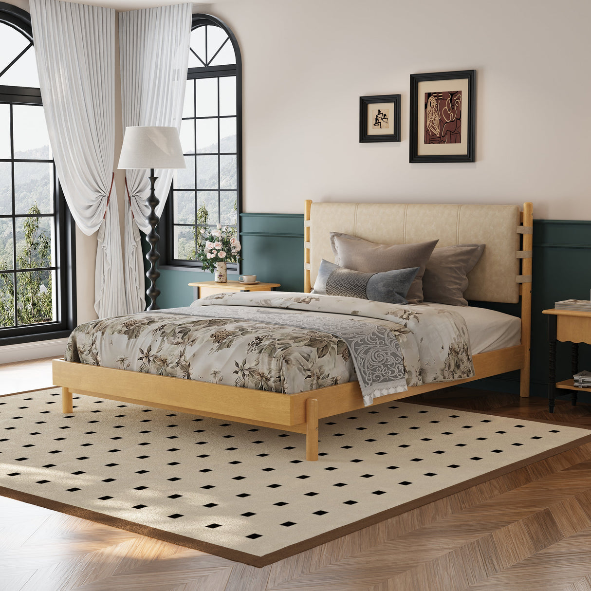 Premium Rubber Wood Platform Bed Frame, Queen Size with Headboard