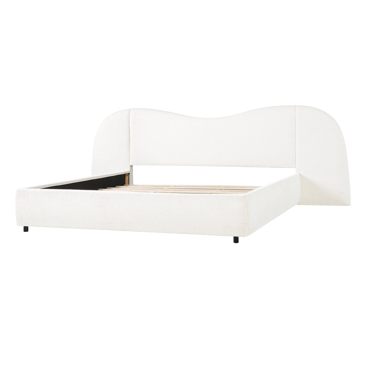 King Size Upholstered Bed Frame With Boucle Fabric Curved And Wide Headboard
