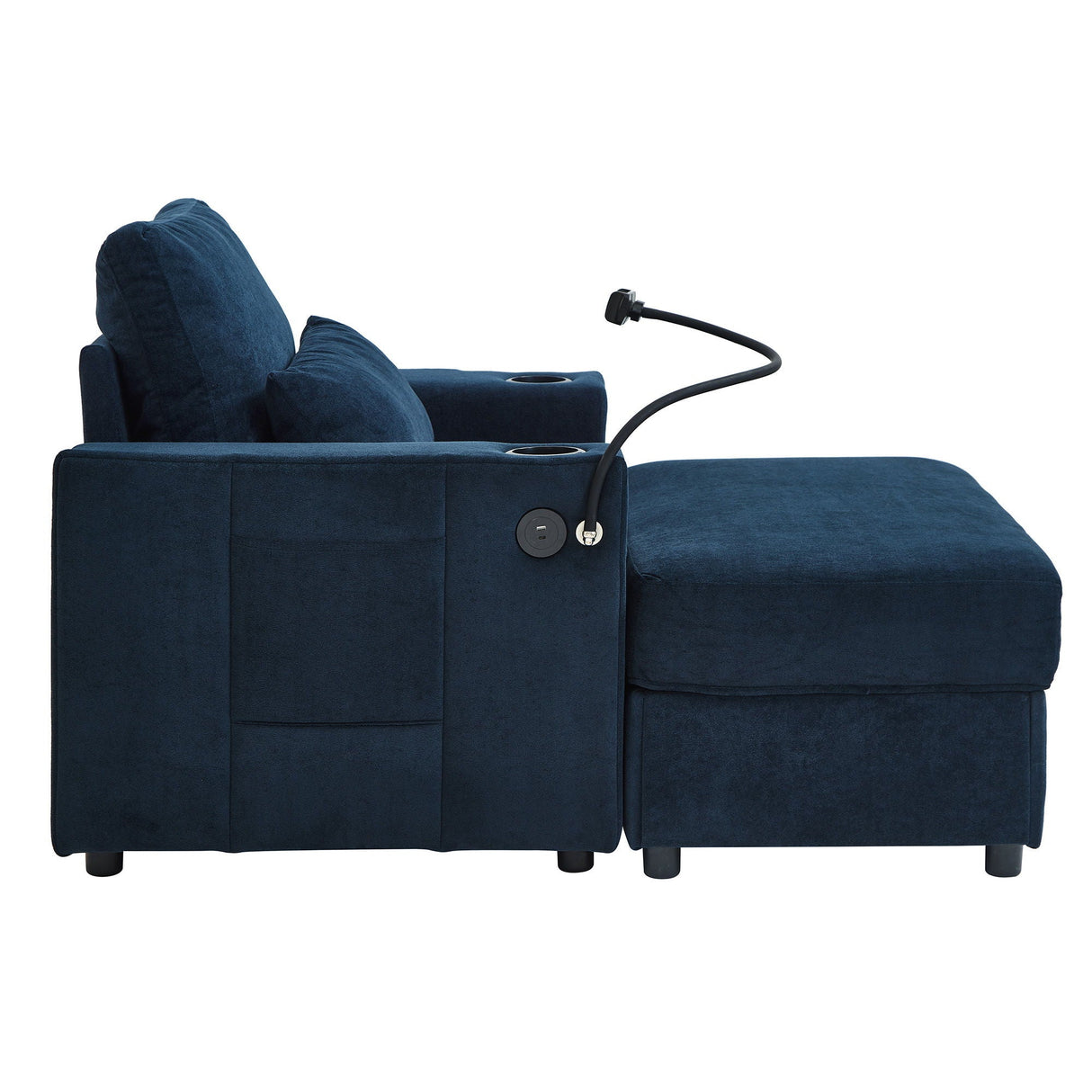 Modern Style Armchair Chaise Lounge Sofa Couch With Movable Storage Ottoman, USB Ports, Cup Holders, Phone Holder, Side Pockets
