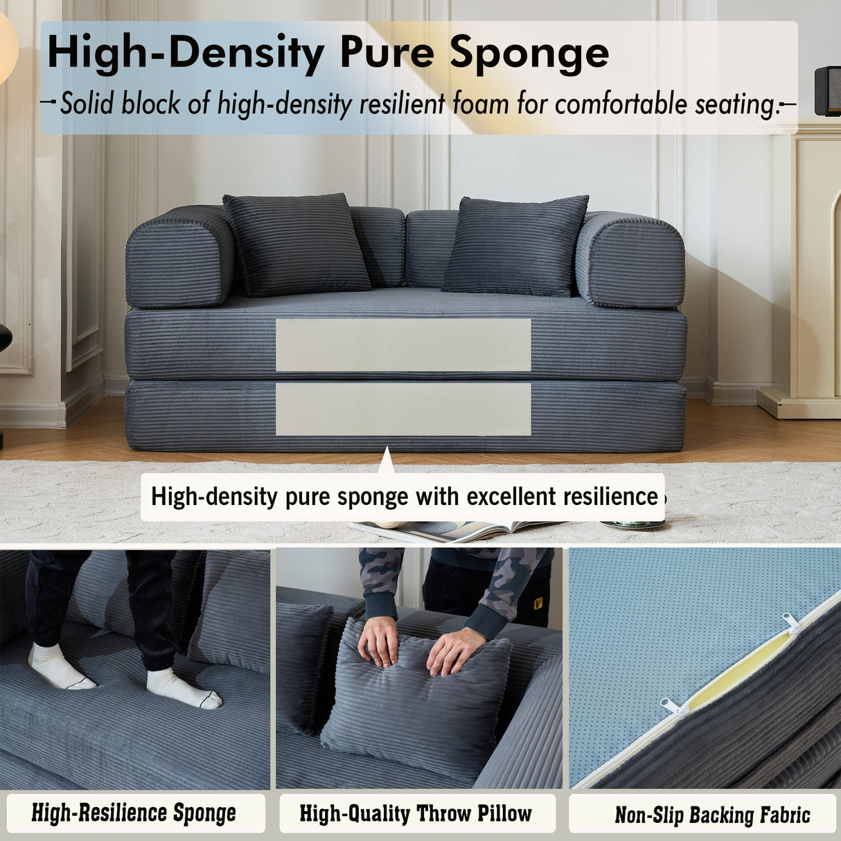 59" Convertible Sleeper Sofa Bed with Cylindrical Pillow - Gray