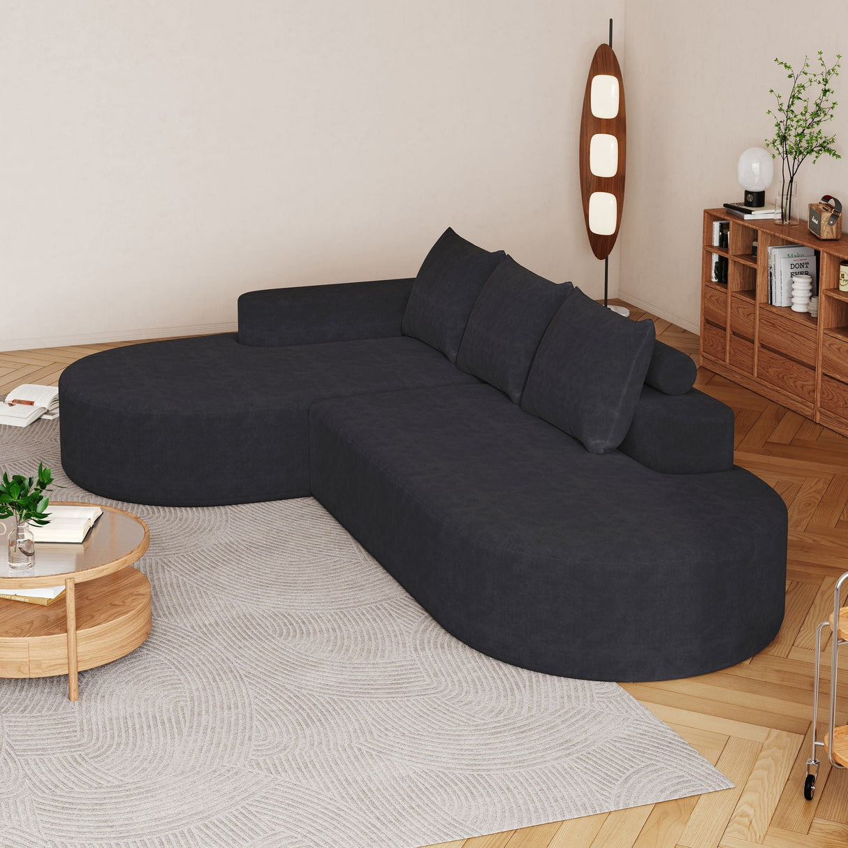 Modern Curved Sofa, L-Shaped Modular Sectional Set With 3 Pillows