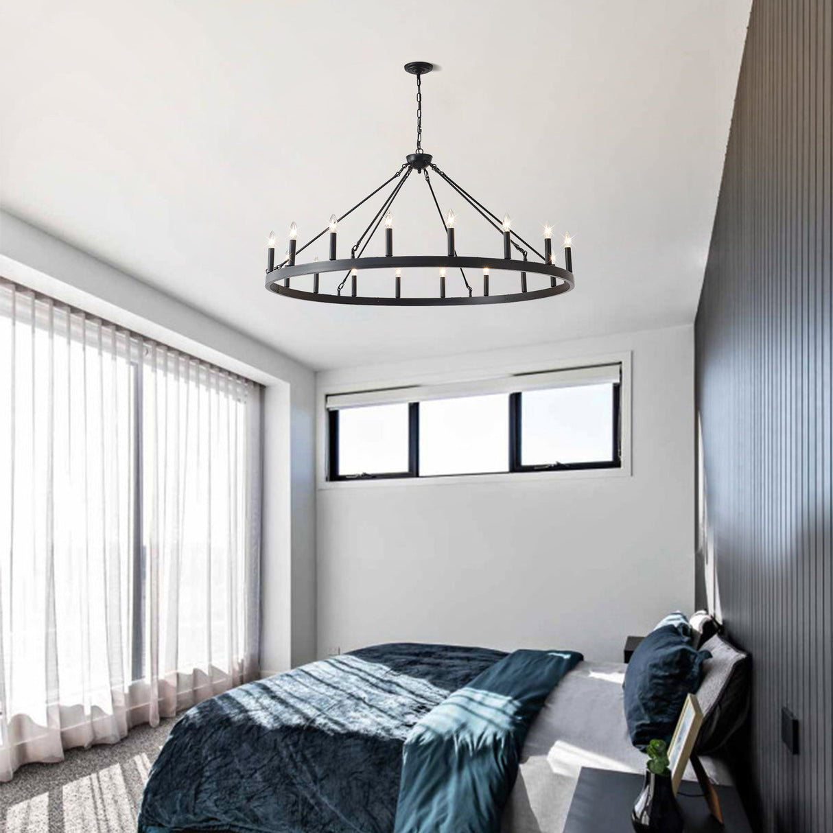 53.15 Inch Matte Black Wagon Wheel Chandelier with 18 Lights