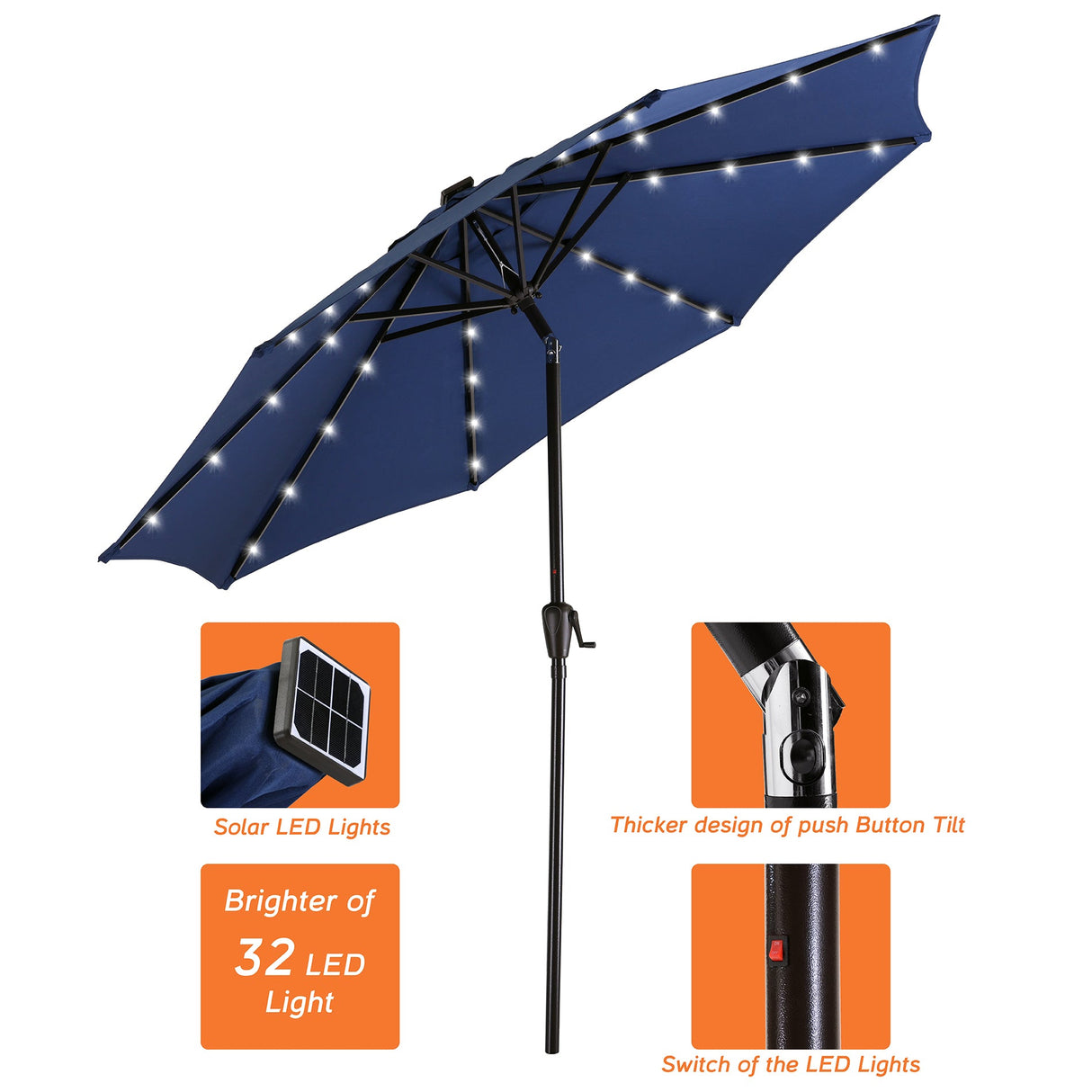 9Ft Patio Umbrella with 32 LED Solar Lights (Blue)