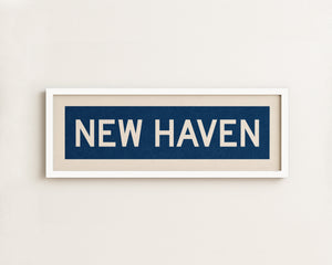 Framed New Haven Blue and White Bus Scroll