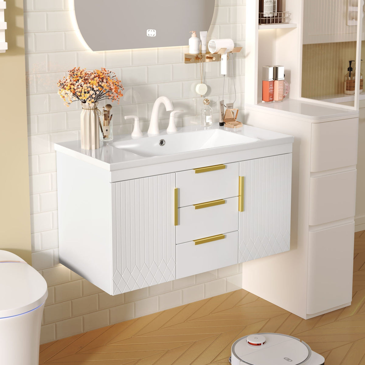 Wall Mounted Bathroom Vanity with Resin Sink - Black or White