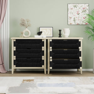 3 Drawer Buffet Sideboard With Adjustable Shelves, Storage Cabinet With Natural Seaweed Decor Doors For Living Room Kitchen Entryway - Natural