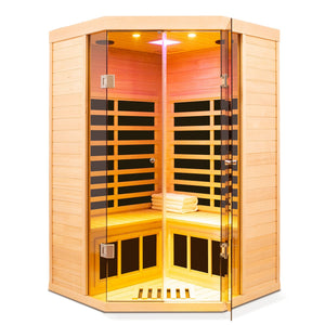 Deluxe Hemlock Far Infrared Corner Sauna Room with Glass Front for Two Persons