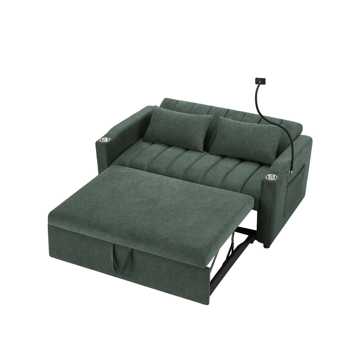 Convertible Sofa Bed Loveseat Sofa With Three USB Ports, Two Side Pockets, Two Cup Holders And 360° swivel Phone Holder For Living Room