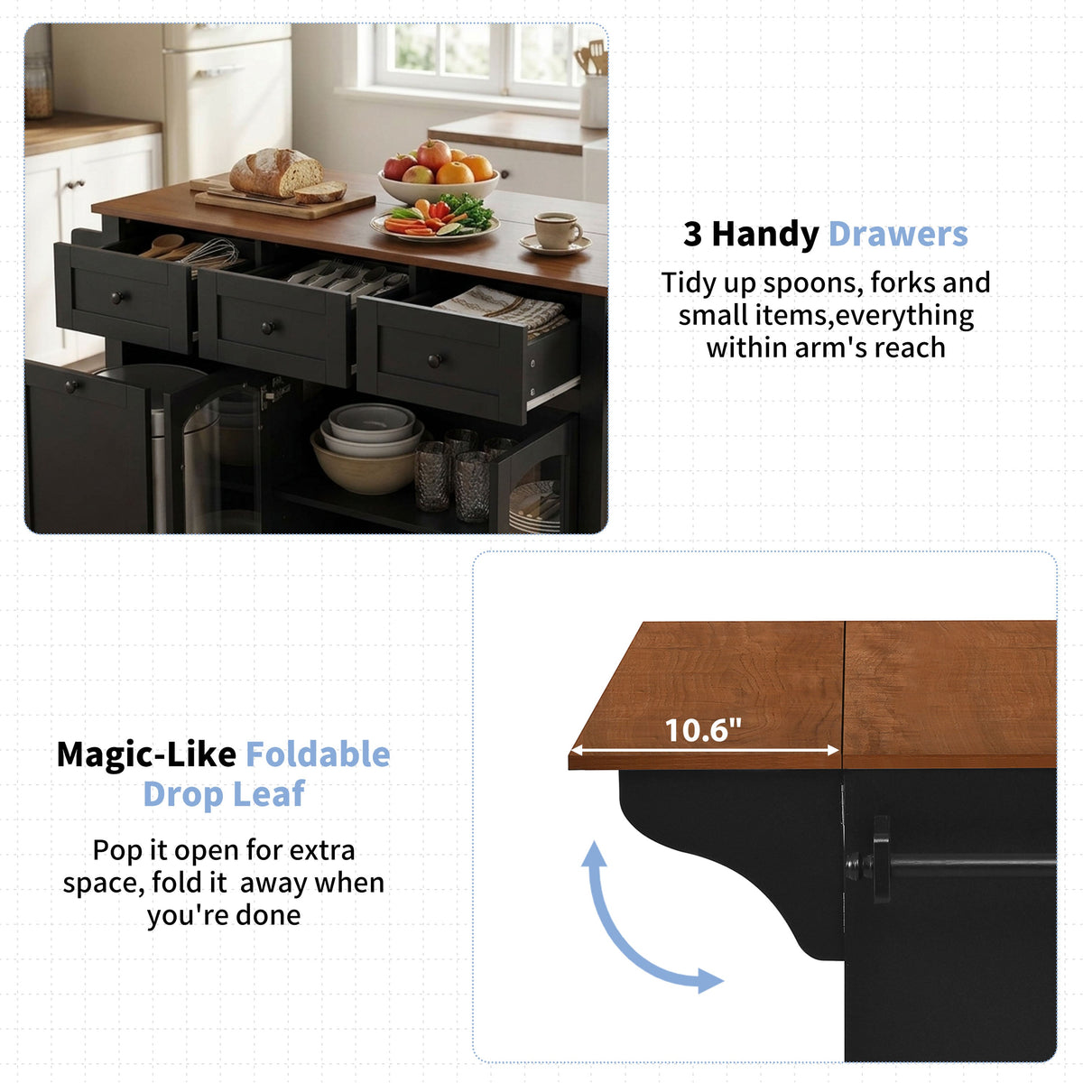 54.2'' Mobile Kitchen Island with Glass Door Storage & Trash Bin