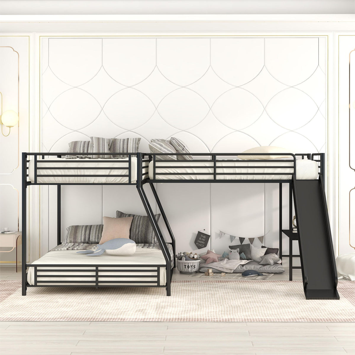 L-Shaped Twin Over Full Bunk Bed With Twin Loft, Built In Desk And Slide - Black