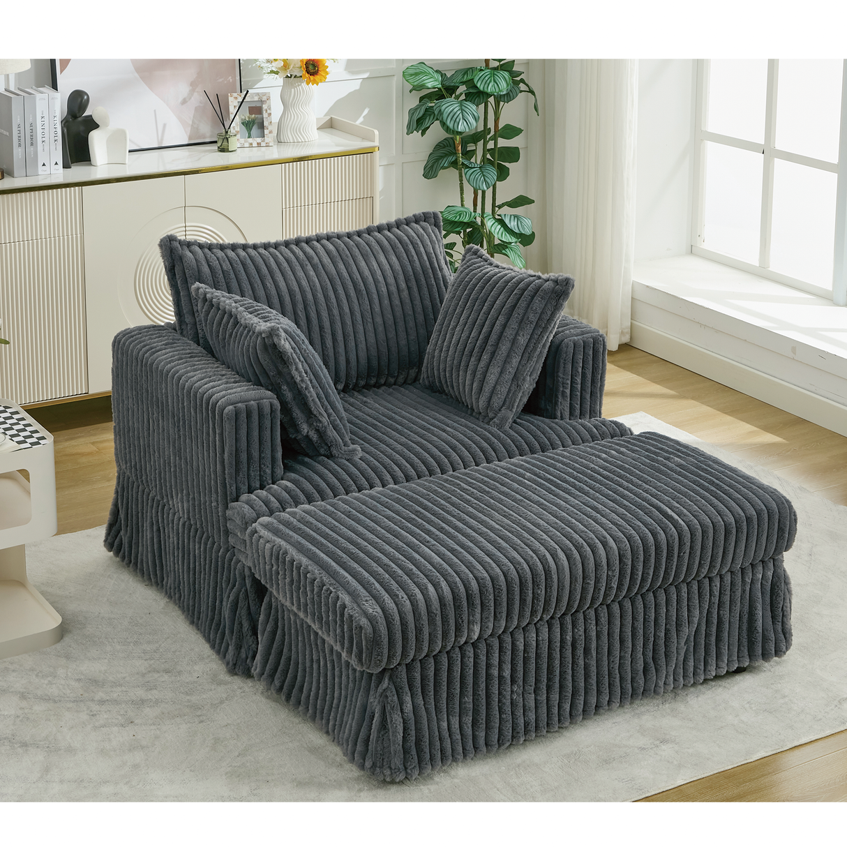 Oversized Corduroy Chaise Lounge with Ottoman in Dark Gray