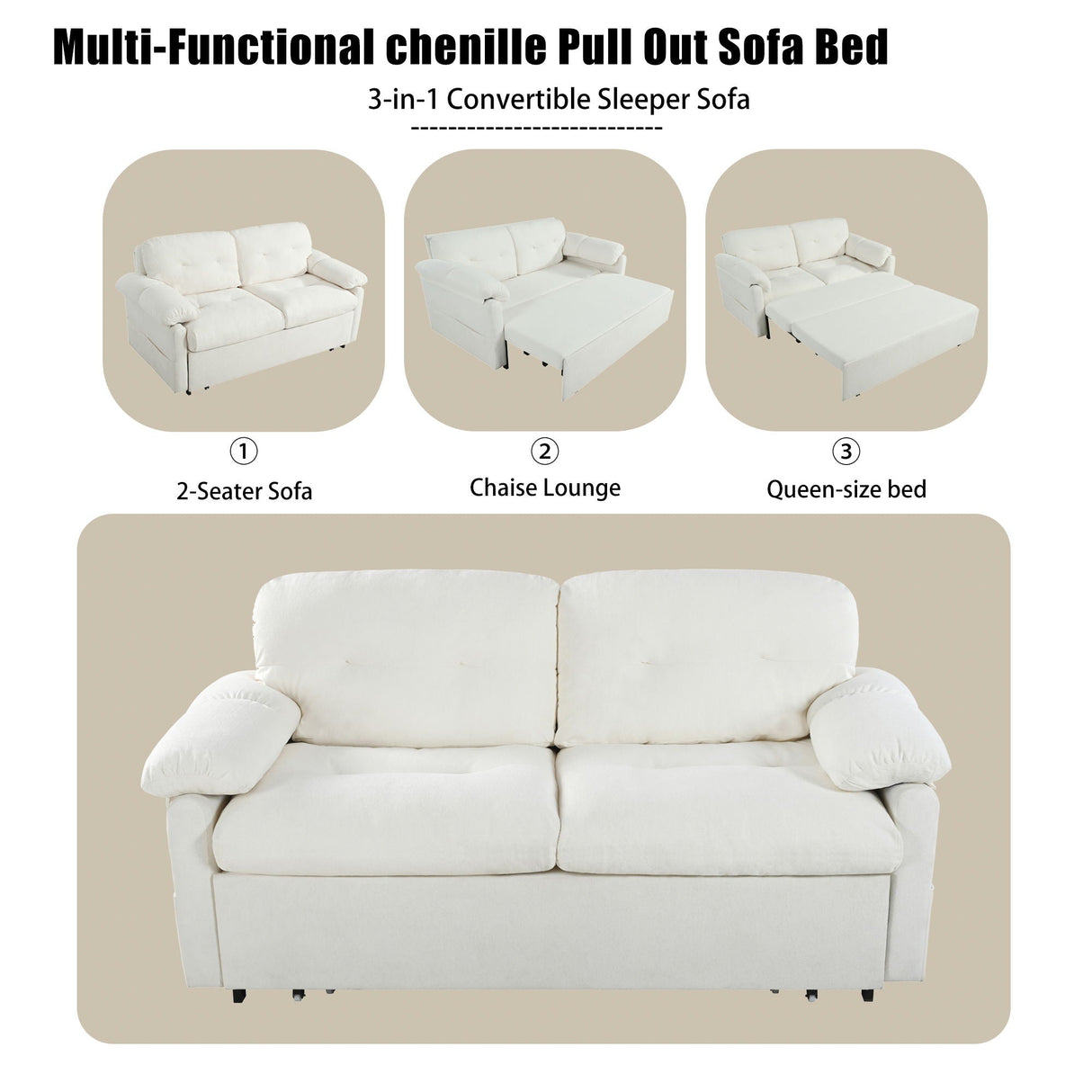 Convertible Pull Out Sofa Bed Queen Size, 3 In 1 With Side Storage