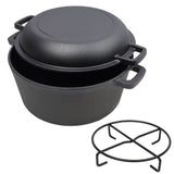 2 in 1 Pre-Seasoned Cast Iron Dutch Oven With Dual Handles, Outdoor Camping Deep Pot for Camping Fireplace Cooking BBQ Baking Campfire, 5 Quart.With 1pc Iron Pot Rack.