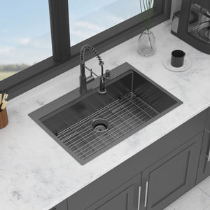 Drop In Kitchen Sink With Pull Out Faucet And Soap Dispenser, Single Bowl Topmount Sink - Gunmetal Black