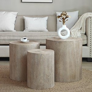 Set of 3, Rounded Wood Coffee Tables, End Tables, Plant Stands,Decorative Accent Pieces - Rustic Wood Finish