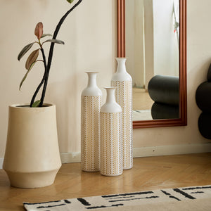 Floor Metal Vase Modern Style Decoration Home Metal Vase 3 Piece Set Gorgeous Home Decoration Large Glazed Metal Vase - Gold / White