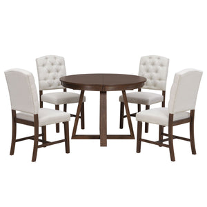 Dining Set With Leaf Round Table And 4 Upholstered Chairs