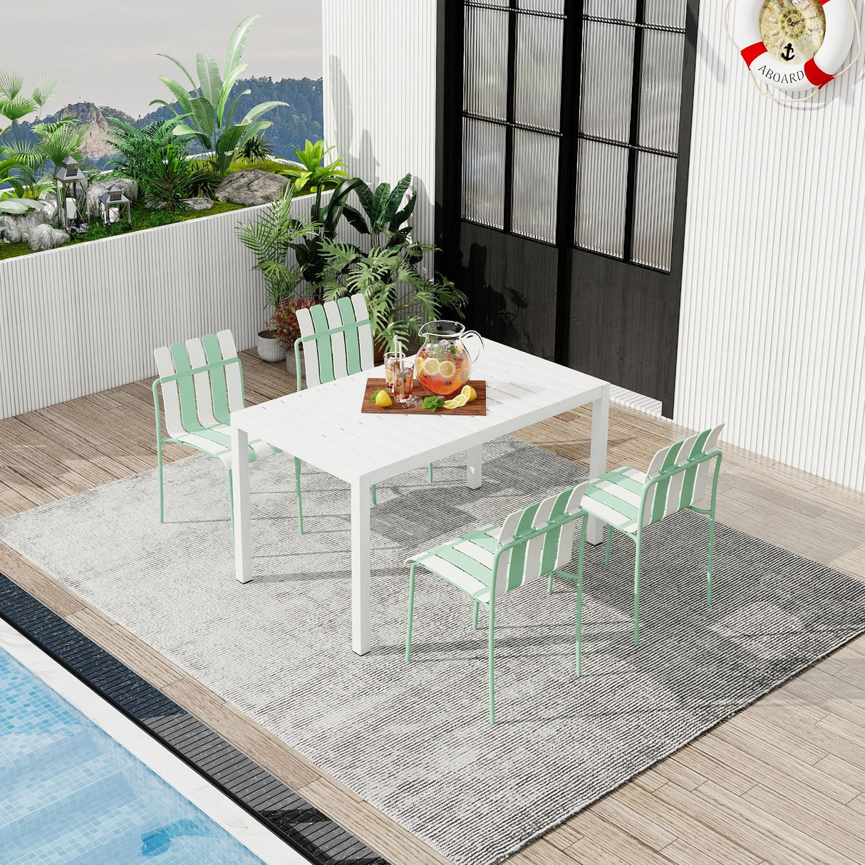 4 Piece Set Of Modern Color Block Designed Single Chairs With Long Table