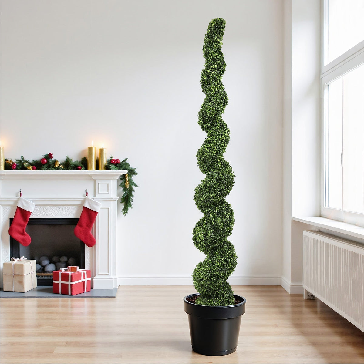 7FT Spiral Topiary Trees with Realistic Faux Boxwood - Green