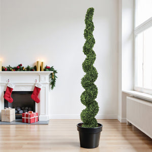 7FT Spiral Topiary Trees with Realistic Faux Boxwood - Green