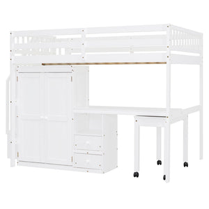 Loft Bed With Stairs, Bookshelf, Drawers, Desk & Wardrobe, Space Saving Multifunctional Furniture