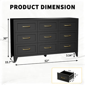 9 Drawer Dresser for Bedroom, Metal Profile Chest of Drawers