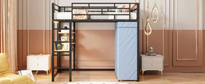 Loft Bed With Desk, Shelves, Power Outlet, LED Light And Wardrobe