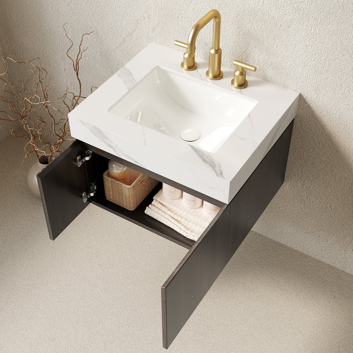 MURI 24" Bathroom Vanity & Sink, Floating Plywood Storage Cabinet with 2 Doors, Carrara
