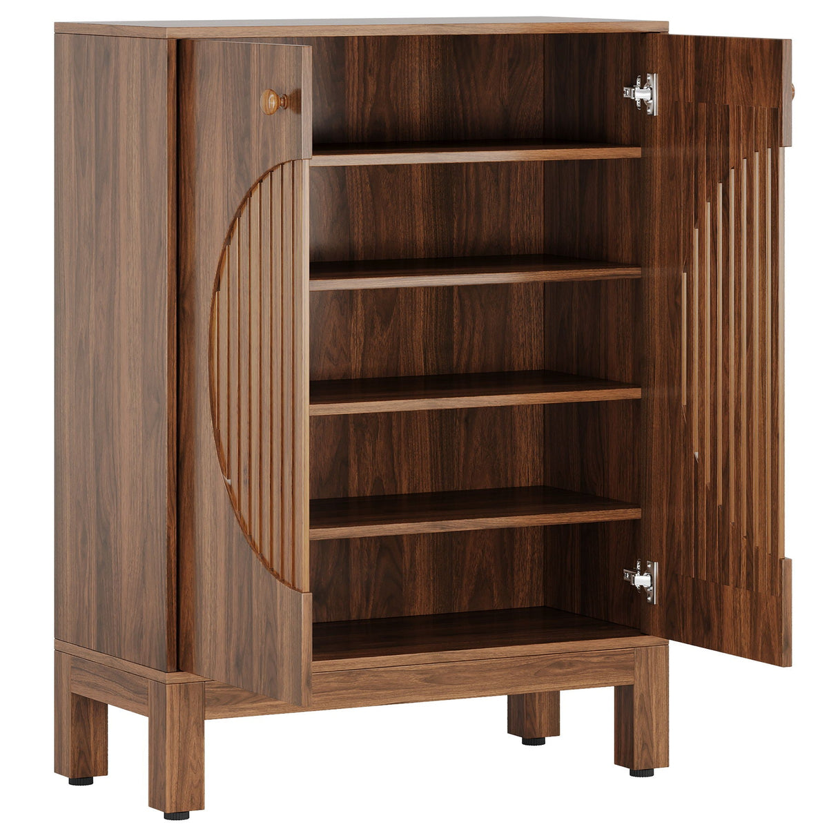 5 Tier Shoe Cabinet With Round Louvered Doors, Storage Organizer - Brown