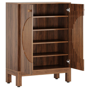 5 Tier Shoe Cabinet With Round Louvered Doors, Storage Organizer - Brown
