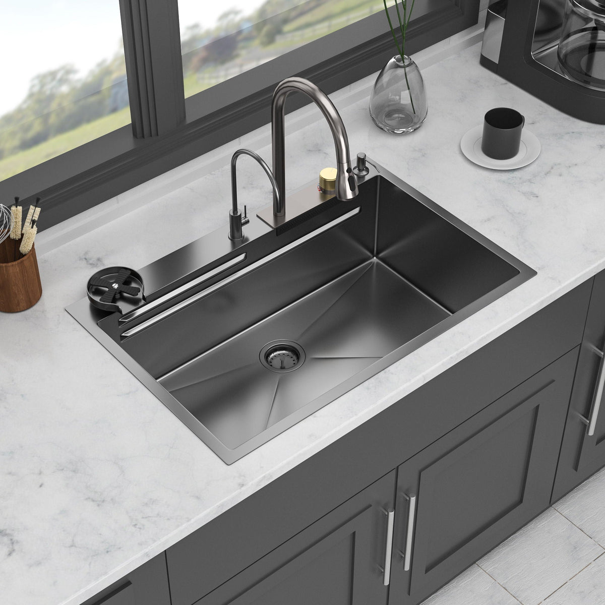 Waterfall Kitchen Sink With Pull Out Faucet & Cup Washer