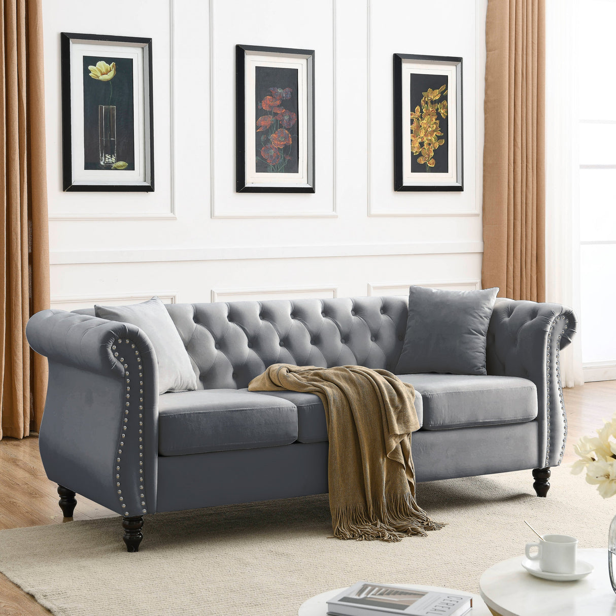 80" Grey Velvet Chesterfield Sofa