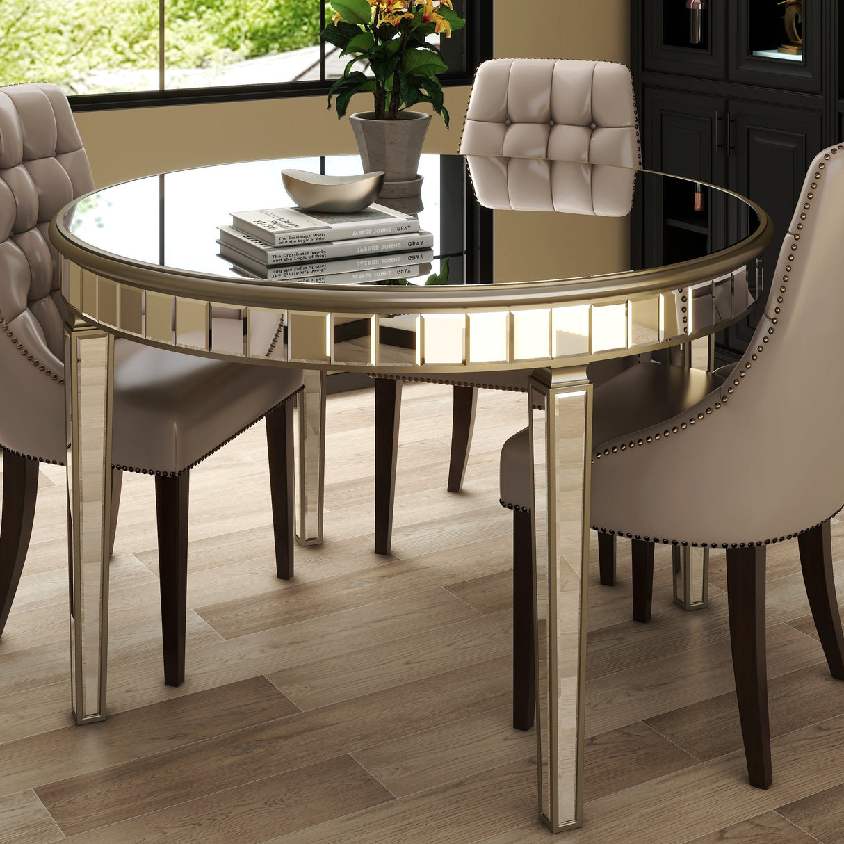 Round Glass Dining Table with Mirror Top