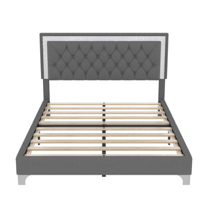 3-Pieces Bedroom Set, Queen Size Upholstered Platform Bed with LED Lights and Two Nightstands - Gray