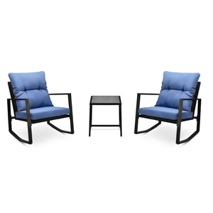3 Pieces Patio Bistro Set Outdoor Rocking Chair with Blue Cushion for Yard Garden Poolside