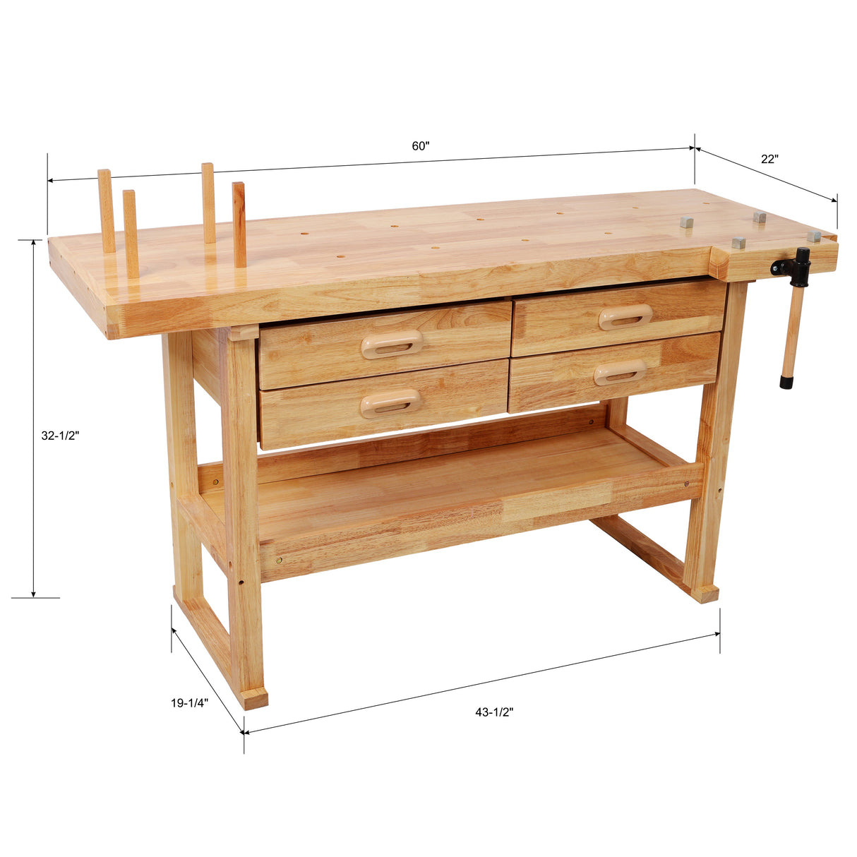 60-Inch Rubber Hardwood Workbench with 4 Drawers