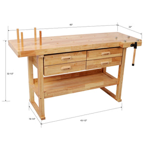 60-Inch Rubber Hardwood Workbench with 4 Drawers