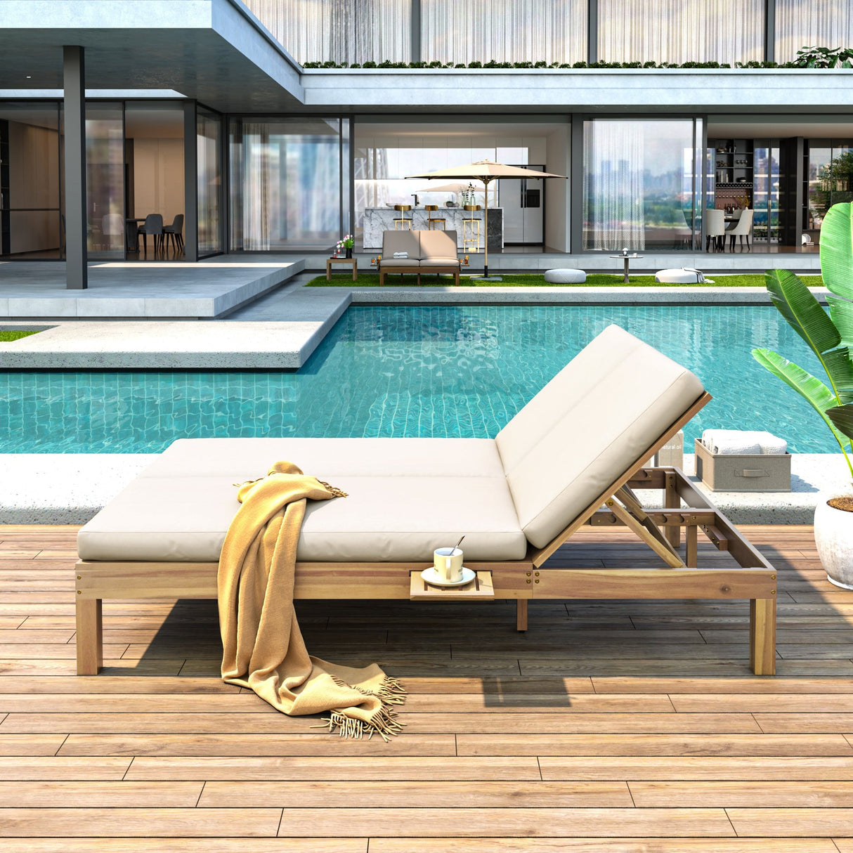 TREXM 5-Position Adjustable Backrest Double Chaise Lounge Outdoor